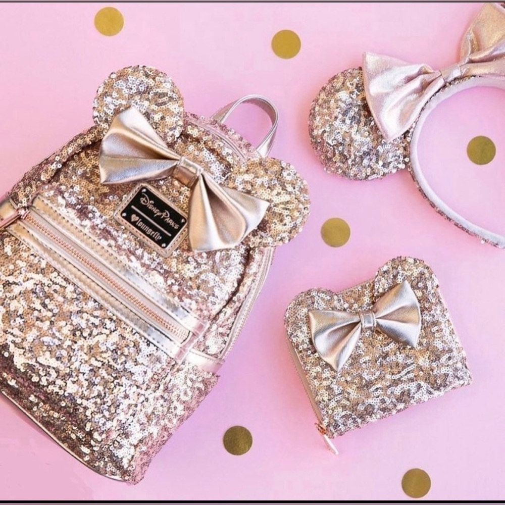 LOUNGEFLY DISNEY PARKS MINNIE MOUSE SEQUIN ROSE GOLD 3pc SET (PRE-FUNKO)